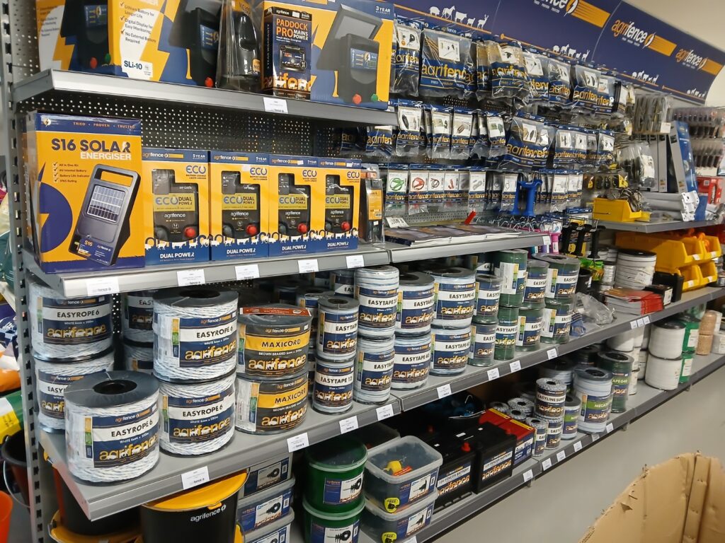 Shop shelves displaying electric fencing supplies