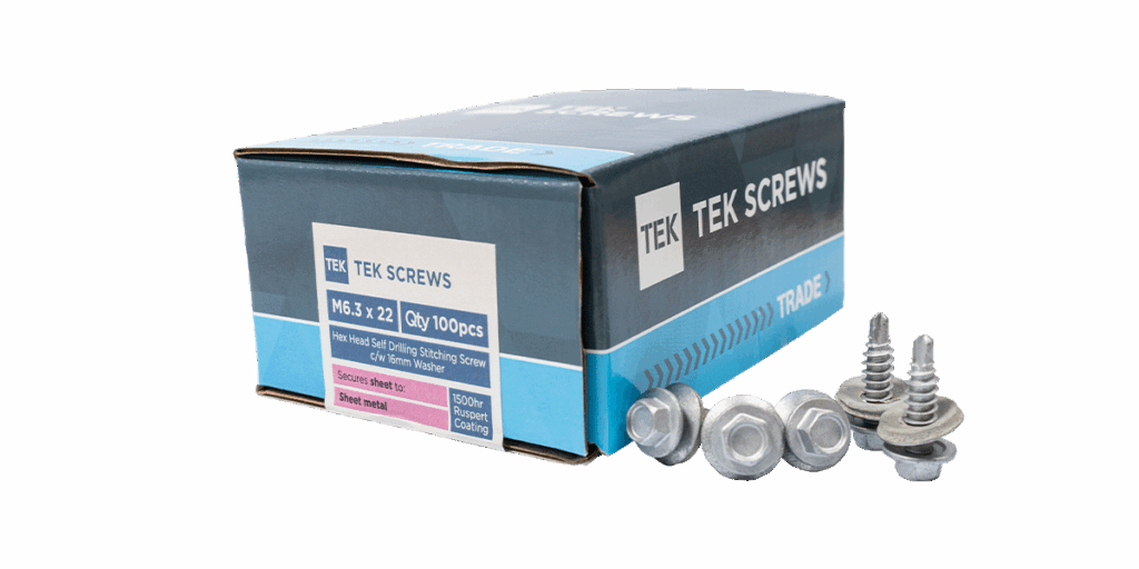 Box of TEK screws with loose self-drilling screws