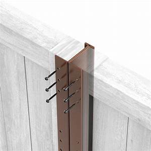 Steel bracket joining two wooden fence panels