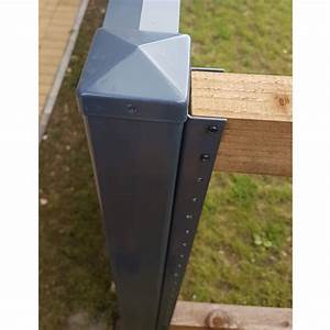Grey metal fence post bracket securing wooden rail