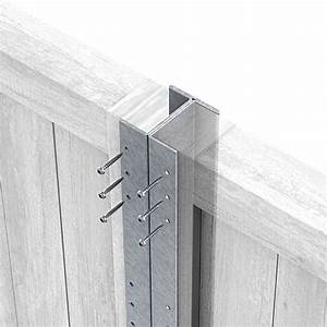 Galvanised steel bracket joining two vertical timber posts