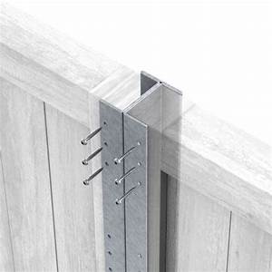 Galvanised steel post connector securing timber fence panels