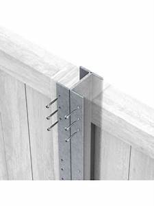 Metal gate bracket securing overlapping timber fence panels