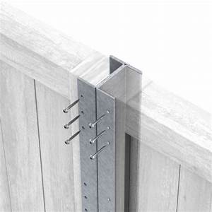Galvanised steel post bracket securing timber fence panels