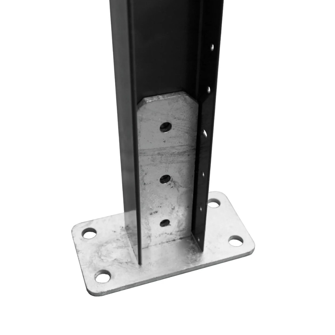 Black steel post bracket with galvanised base plate