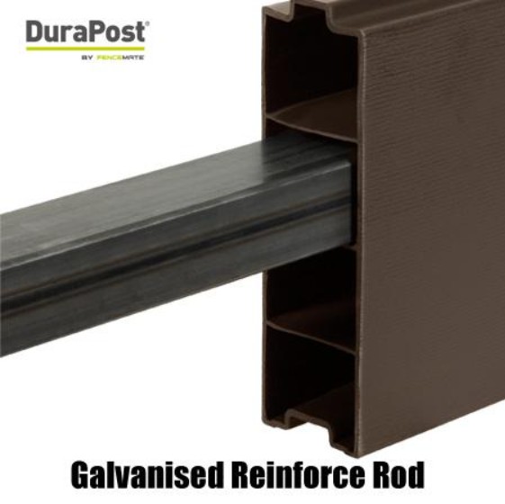 Galvanised reinforcement rod fitted inside brown DuraPost fence post